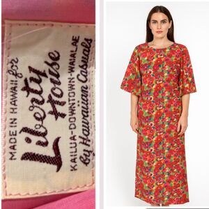 Liberty House ladies dress 14 modest pink red vtg maxi kaftan floral Hawaii